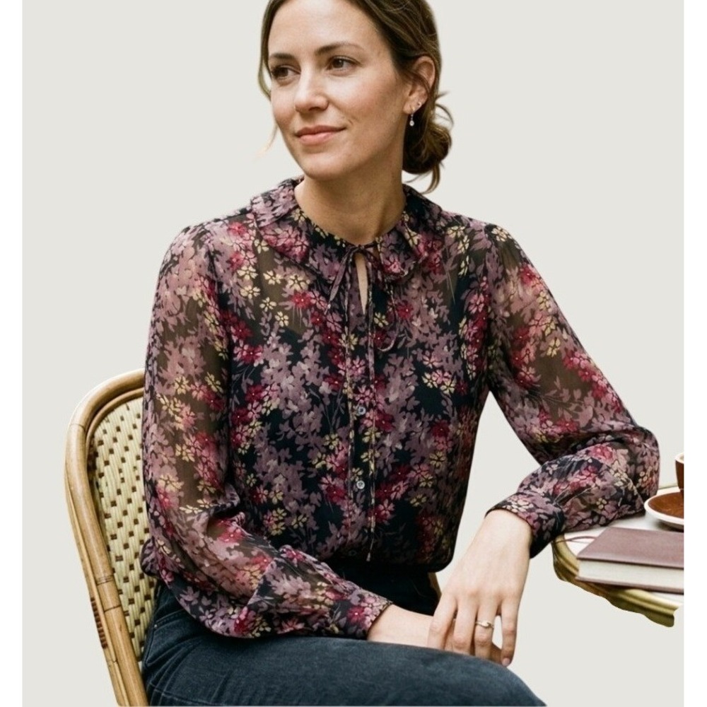 Polo Ralph Lauren Women Large Floral Ruffle‎ Tie Neck Viscose Blouse Black Pink